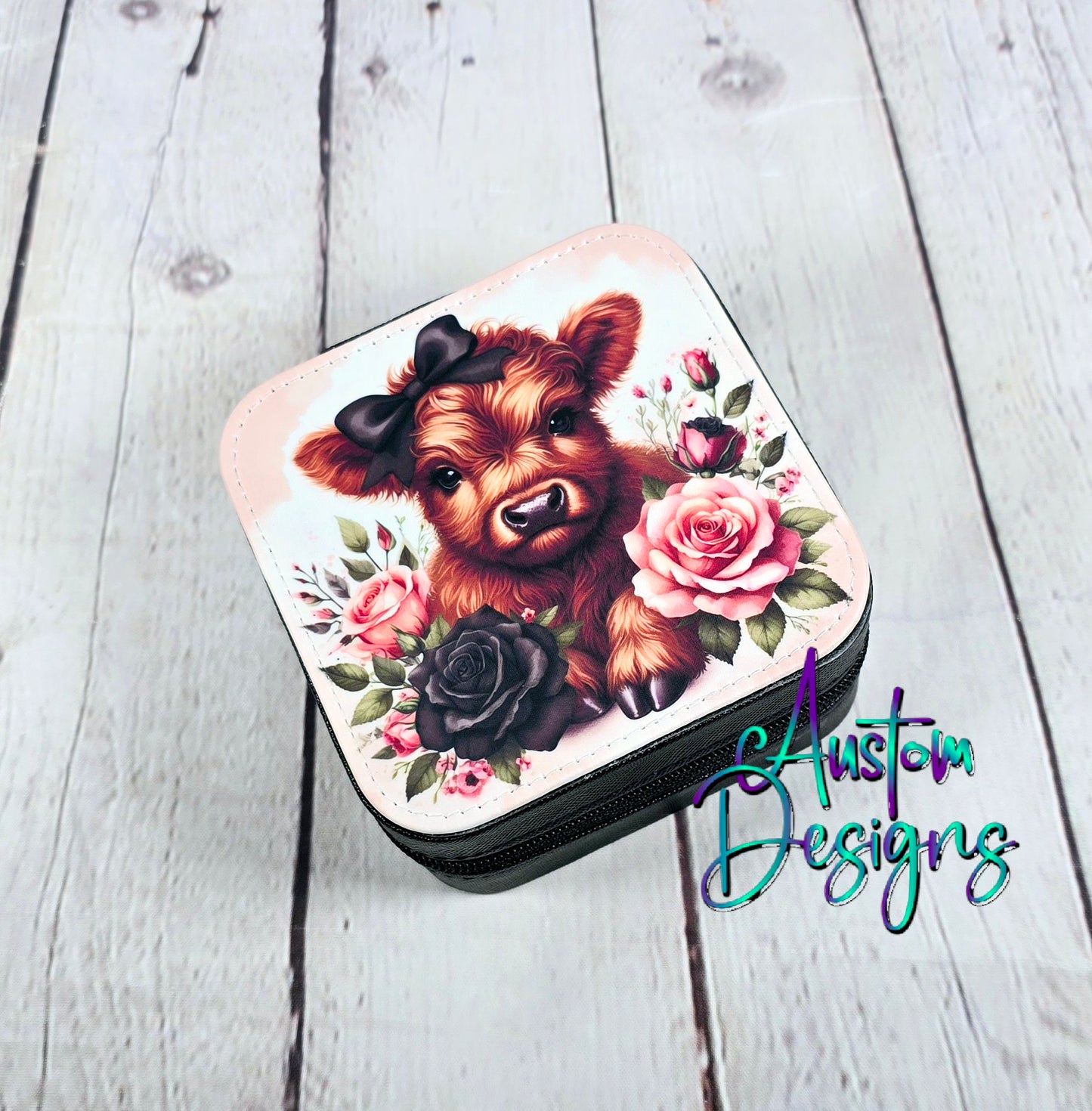 Cow Pink and Black Rose Travel Jewelry Box
