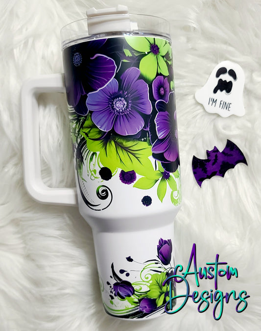 Purple and Green Floral Tumbler With Handle
